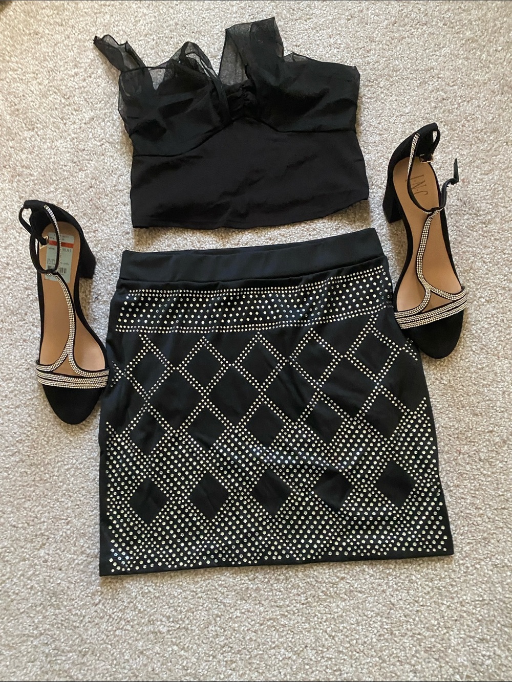 Black Embellished Mini Skirt - Studded Diamond Pattern